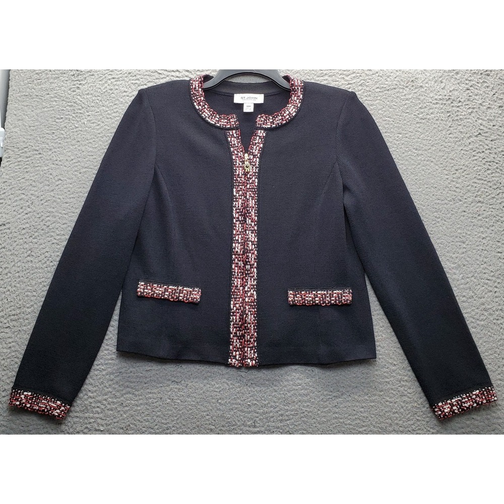 St. John Jacket Womens 10 Black Knit Long Sleeve V-Neck Tweed Trim Front Zip EUC